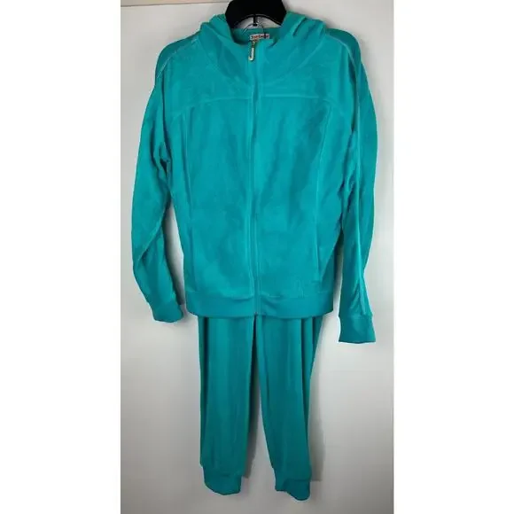 Juicy Couture Y2K Terry Velour Track Jacket Pants Teal Rhinestone J Jogger Set L - Picture 16 of 16